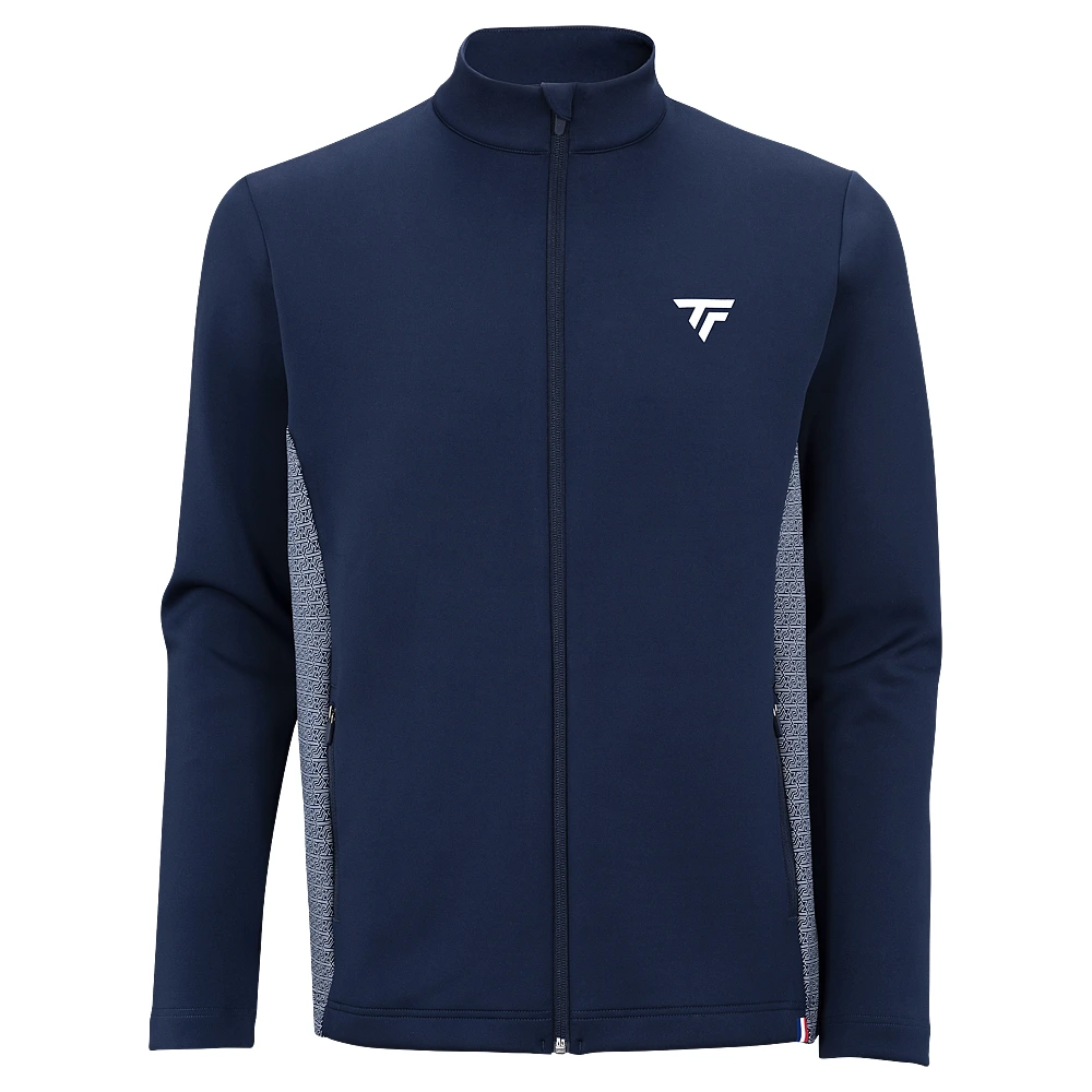 Vorderansicht einer dunkelblauen Tecnifibre Jacke mit einem dezent platzierten, kleinen Logo rechts oben auf der Brust.
