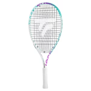 Weißer Tecnifibre Tempo Junior Tennisschläger mit türkis- und violettfarbenen Akzenten, frontal fotografiert.
