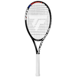 Schwarzer Tennis-Schläger mit bespanntem Schlägerblatt, sichtbarem Tecnifibre-Logo am Rahmen und weißem Griff, freigestellt auf weißem Hintergrund